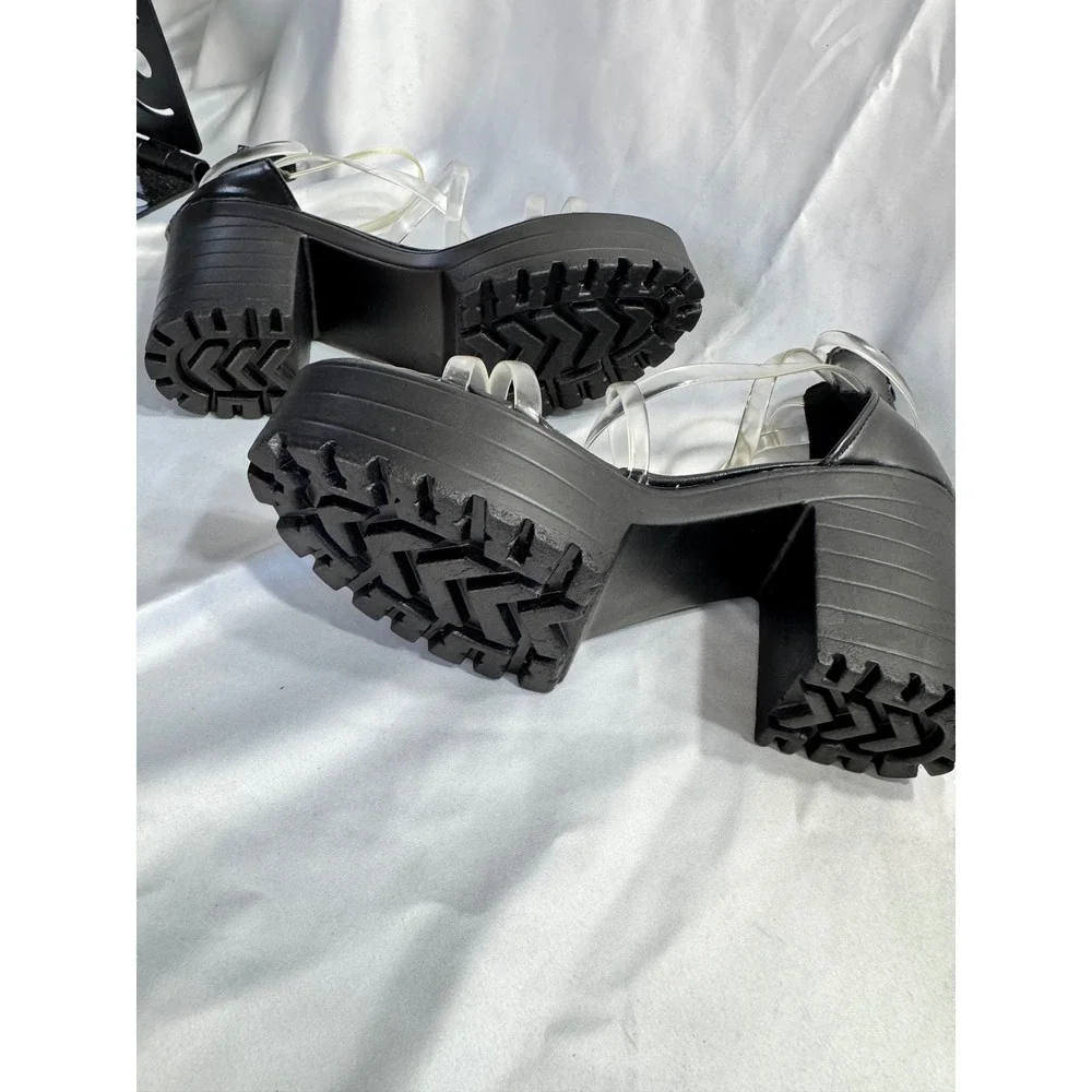 Womens Black Platform Lug Sole Sandals Clear Vinyl Straps Chunky Block Heel Y2K